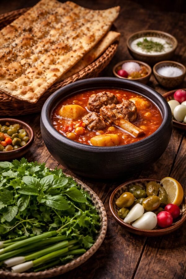 آبگوشت / دیزی با گوشت گوسفندی / نان سنگک / سبزی / ترشی